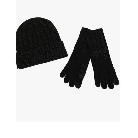 KATE SPADE metallic bow cuffed women's beanie winter hat + glove set -BLACK-2 PC - Picture 3 of 7
